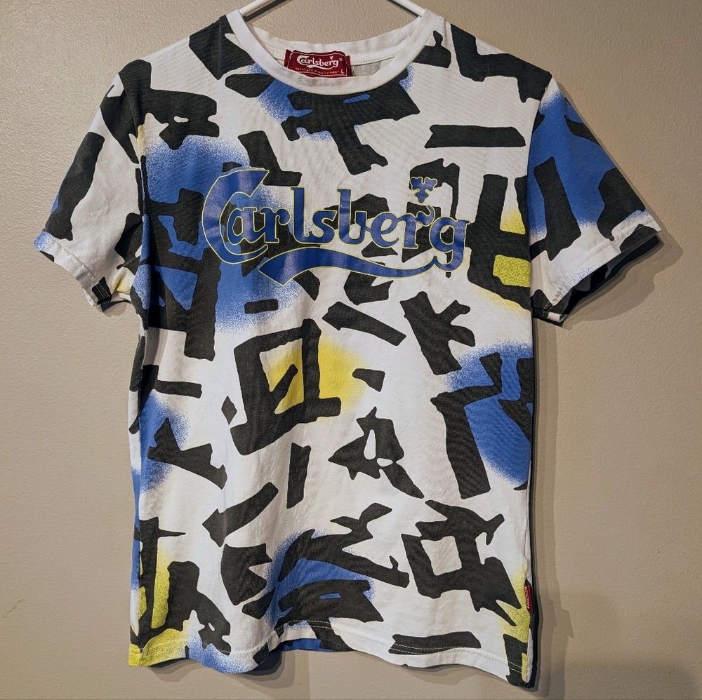Carlsberg Mens Graphic Tee Shirt Made In Italy Abstract Blue Yellow Script M